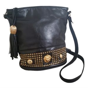 VINTAGE 80's Black Genuine Leather Gold Studded Lion Bucket Crossbody Bag Purse